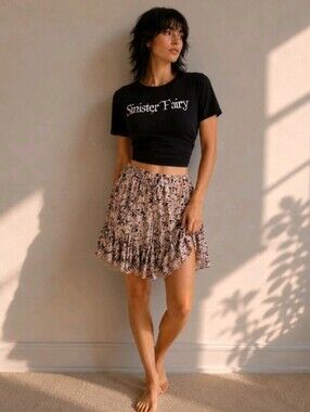 Brown Black Mini Skirt Paint Splatter Trumpet Hem Boho Fairycore Size Medium